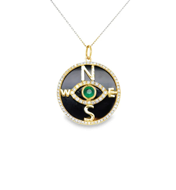 14KT YELLOW GOLD BLACK ONYX AND EMERALD COMPASS PENDANT WITH DIAMONDS