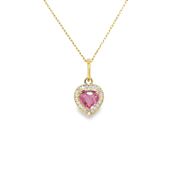 14KT YELLOW GOLD HEART PENDANT WITH PINK SAPPHIRE AND DIAMONDS