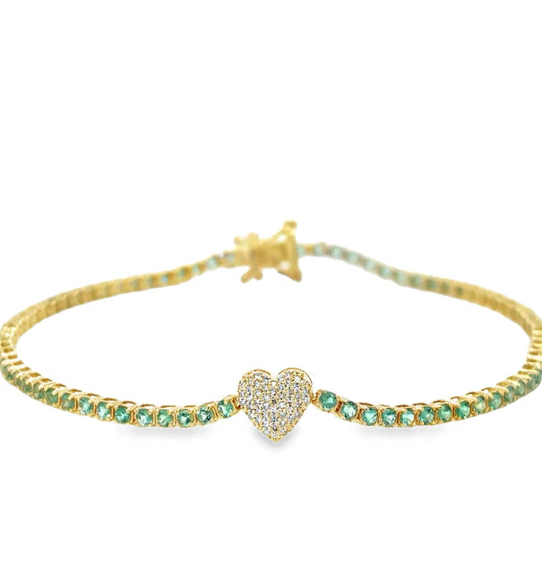 14KT YELLOW GOLD EMERALD AND DIAMONDS HEART TENNIS BRACELET