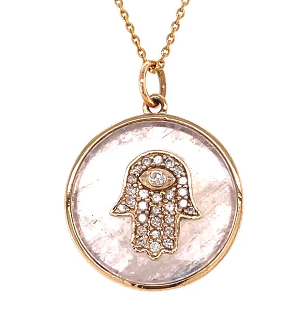 14KT YELLOW GOLD RAINBOW MOONSTONE HAMSA PENDANT WITH DIAMONDS