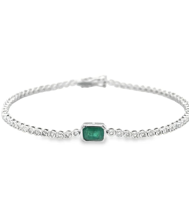 14KT WHITE GOLD EMERALD OCT AND DIAMOND TENNIS BRACELET