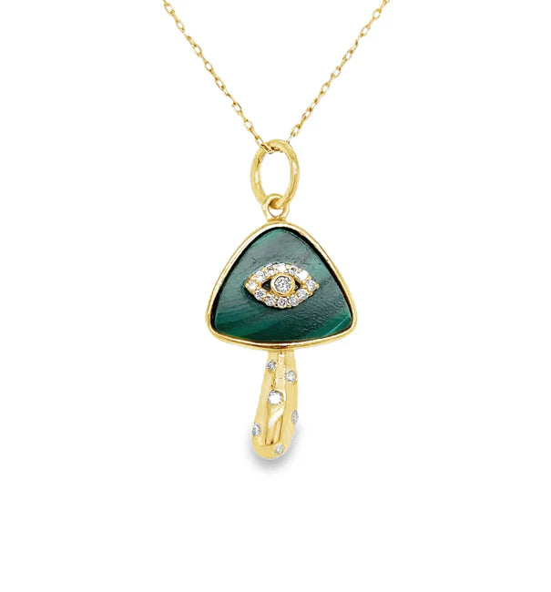 14KT YELLOW GOLD MALACHITE MUSHROOM PENDANT WITH DIAMONDS