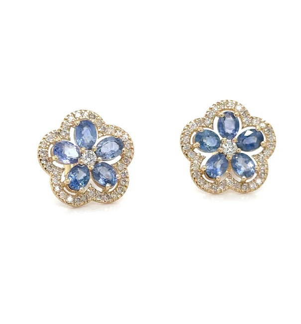 14KT YELLOW GOLD FLOWER SAPPHIRE DIAMOND EARRING