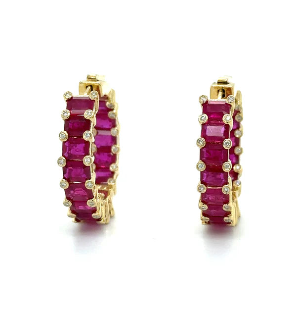 18KT YELLOW GOLD RUBY AND DIAMOND HOOP EARRING