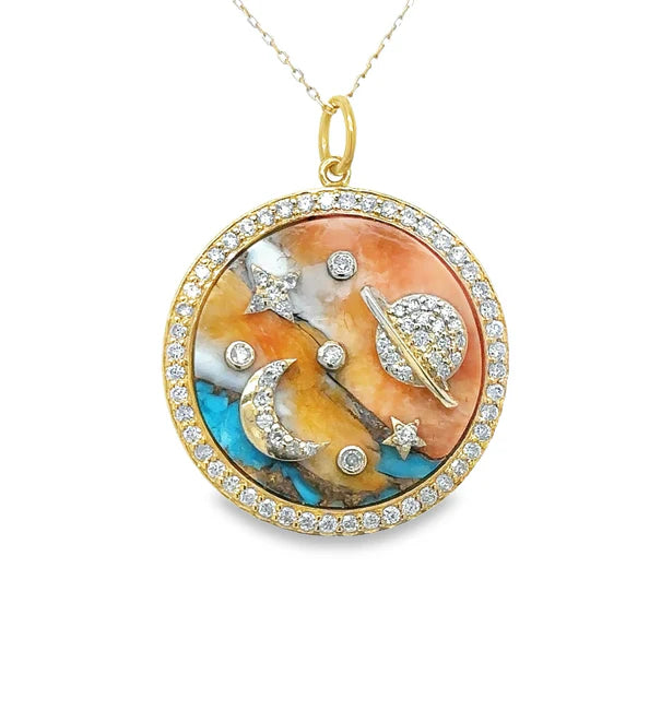 14KT YELLOW GOLD OYSTER TURQUOISE PLANET PENDANT WITH DIAMONDS