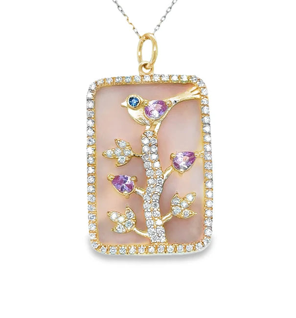 14KT YELLOW GOLD PINK OPAL BIRD PENDANT WITH SAPPHIRE AND DIAMONDS