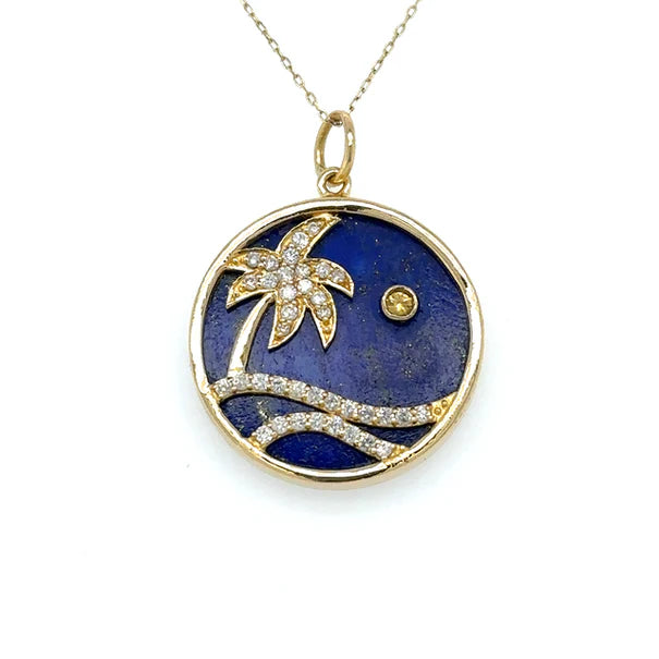 14KT YELLOW GOLD LAPIS PALM TREE PENDANT WITH DIAMONDS