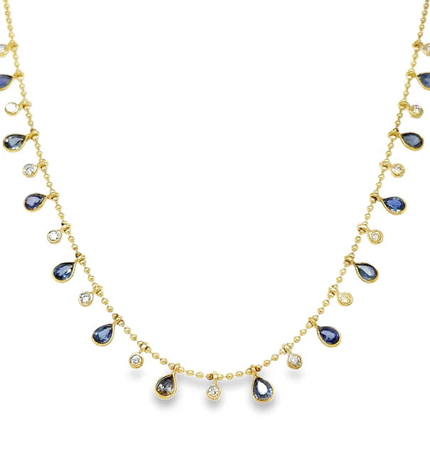 14KT YELLOW GOLD PEAR SHAPE SAPPHIRE AND DIAMOND DANGLING NECKLACE