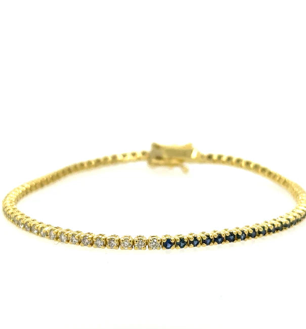 14KT YELLOW GOLD WHITE AND BLUE DIAMONDS TENNIS BRACELET