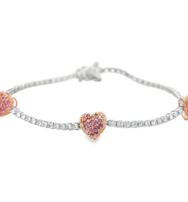14KT TWO TONE PINK SAPPHIRE AND DIAMONDS HEART TENNIS BRACELET