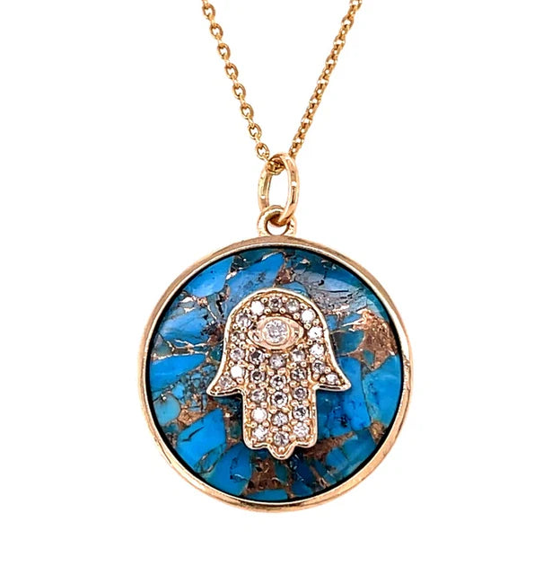 14KT YELLOW GOLD MOHAVE TURQUOISE HAMSA PENDANT WITH DIAMONDS