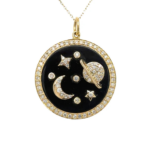 14KT YELLOW GOLD BLACK ONYX PLANET PENDANT WITH DIAMONDS