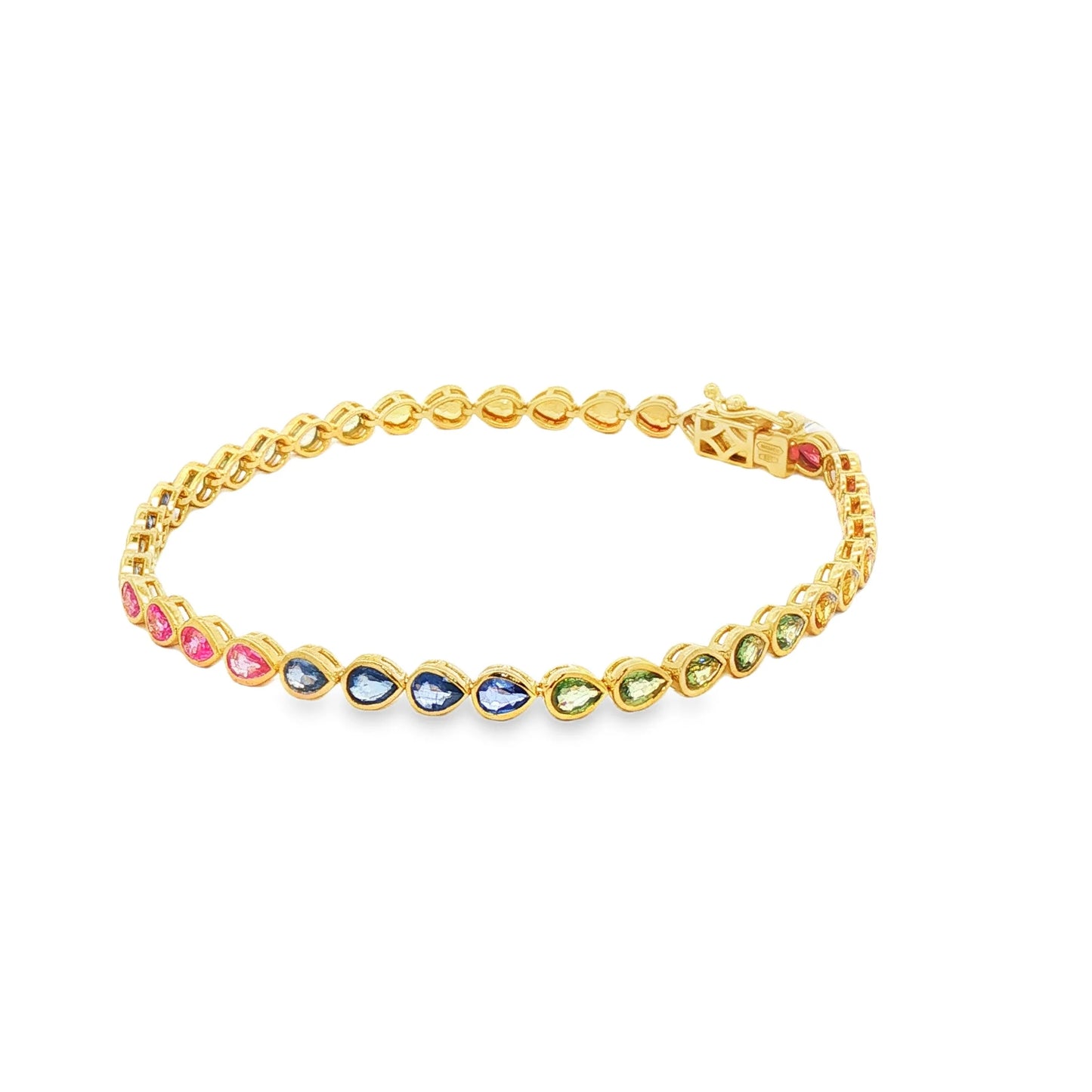 14KT YELLOW GOLD PEAR SHAPE BEZEL SET MULTI SAPPHIRE BRACELET