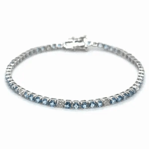 14KT WHITE GOLD BLUE AQUAMARINE AND WHITE DIAMOND TENNIS BRACELET