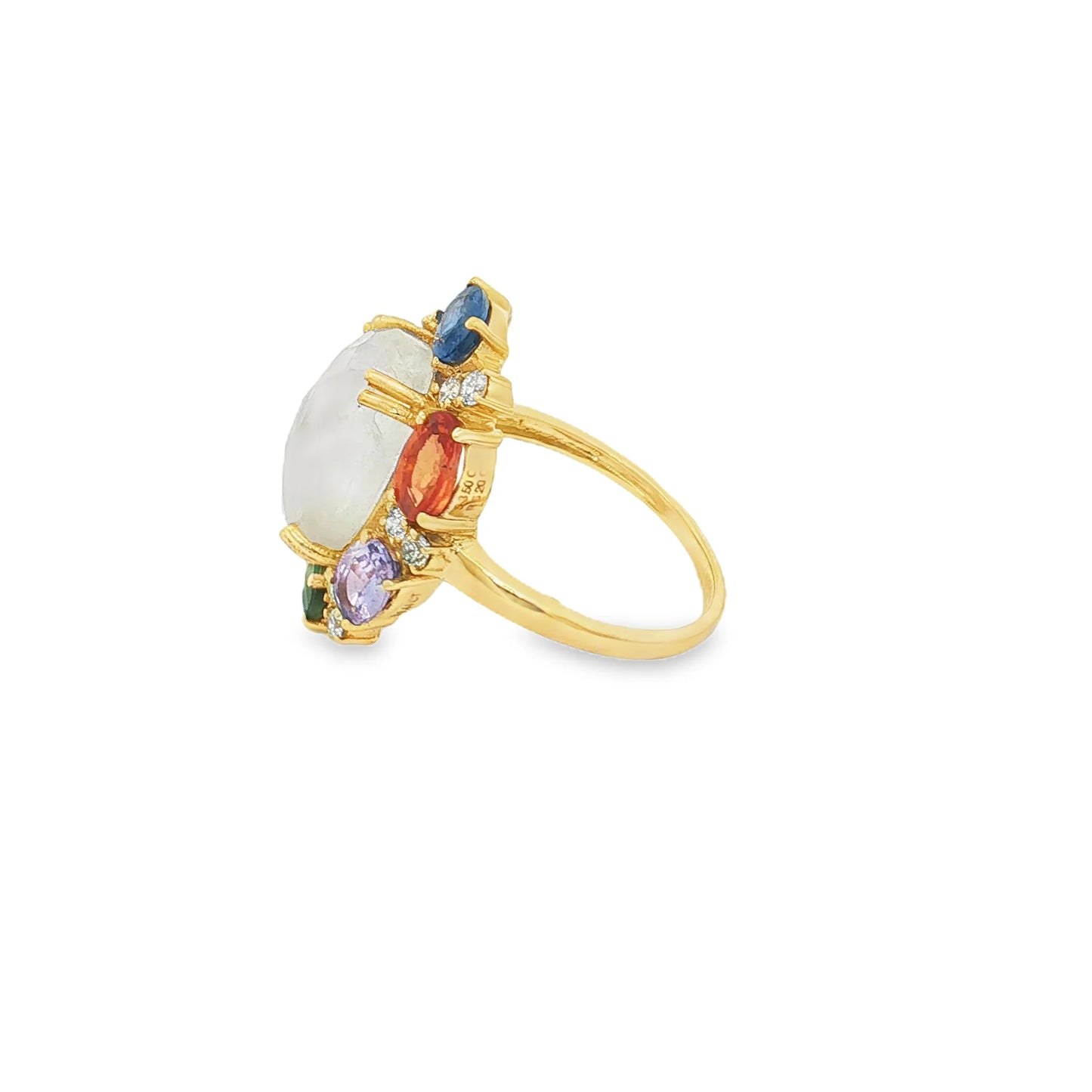 14KT YELLOW GOLD MULTI SAPPHIRE, RAINBOW MOONSTONE AND DIAMOND RING