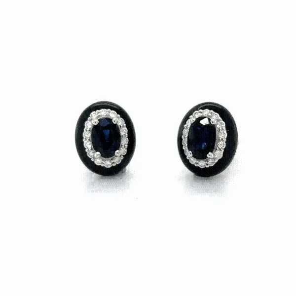 18KT WHITE GOLD BLUE SAPPHIRE AND DIAMONDS BLACK ENAMEL EARRINGS