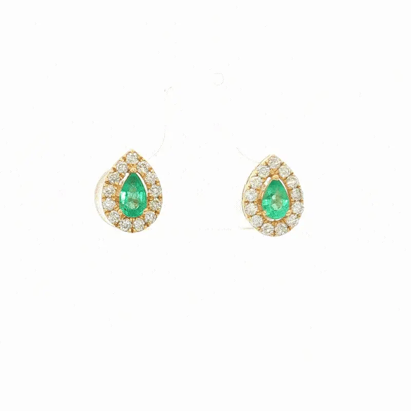 14KT YELLOW GOLD EMERALD AND DIAMONDS PEAR SHAPE EARRINGS