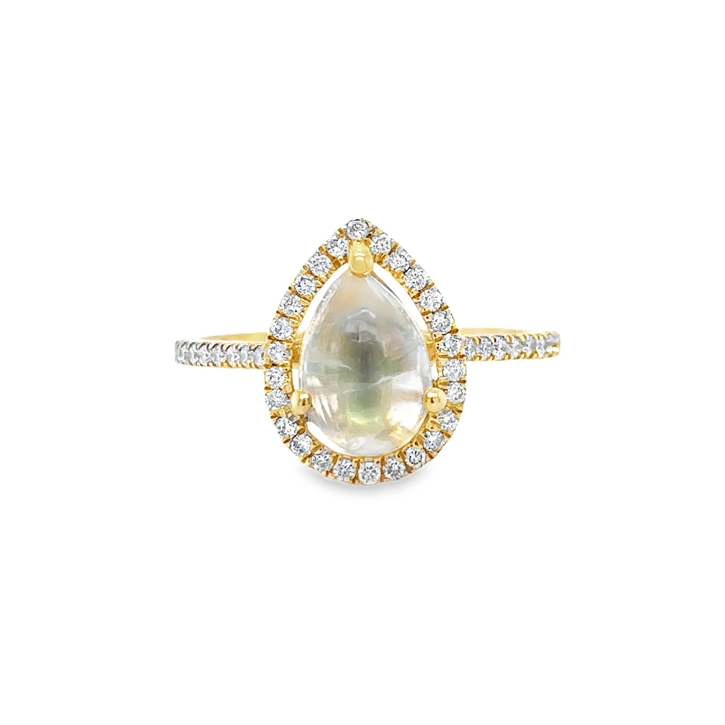 14KT YELLOW GOLD RAINBOW MOON STONE PEAR SHAPE RING WITH DIAMONDS