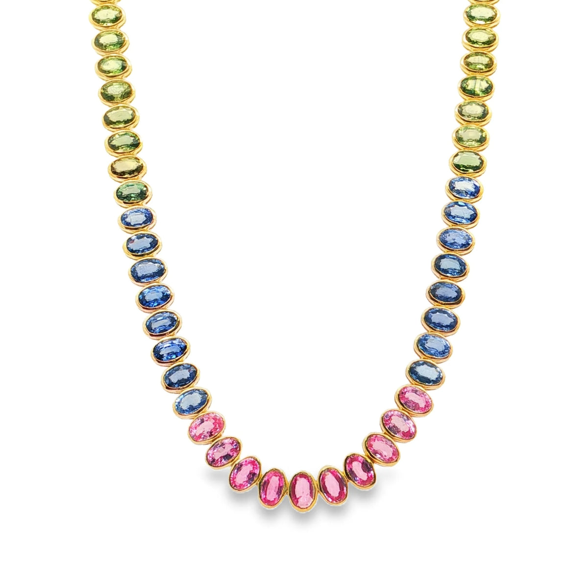 14KT YELLOW GOLD OVAL SHAPE MULTI SAPPHIRE NECKLACE