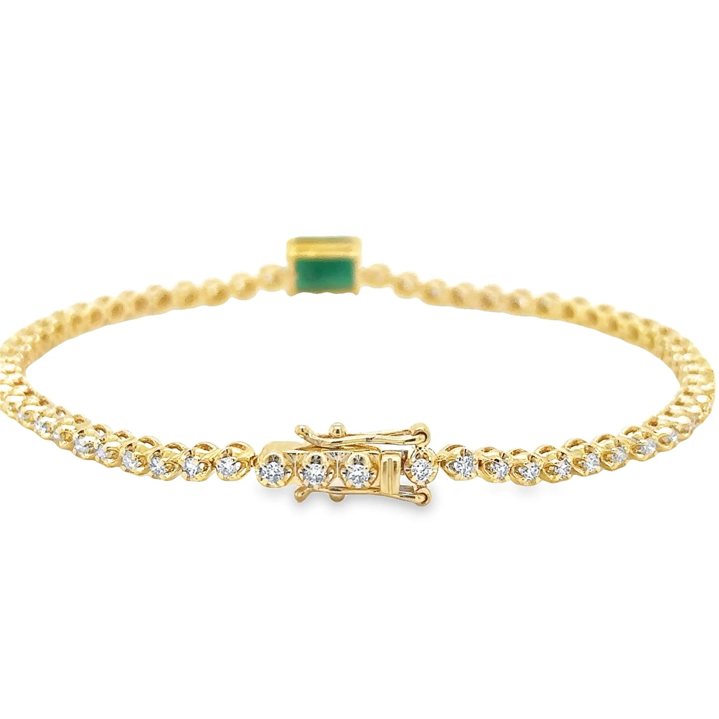 14KT YELLOW GOLD EMERALD OCT AND DIAMOND TENNIS BRACELET
