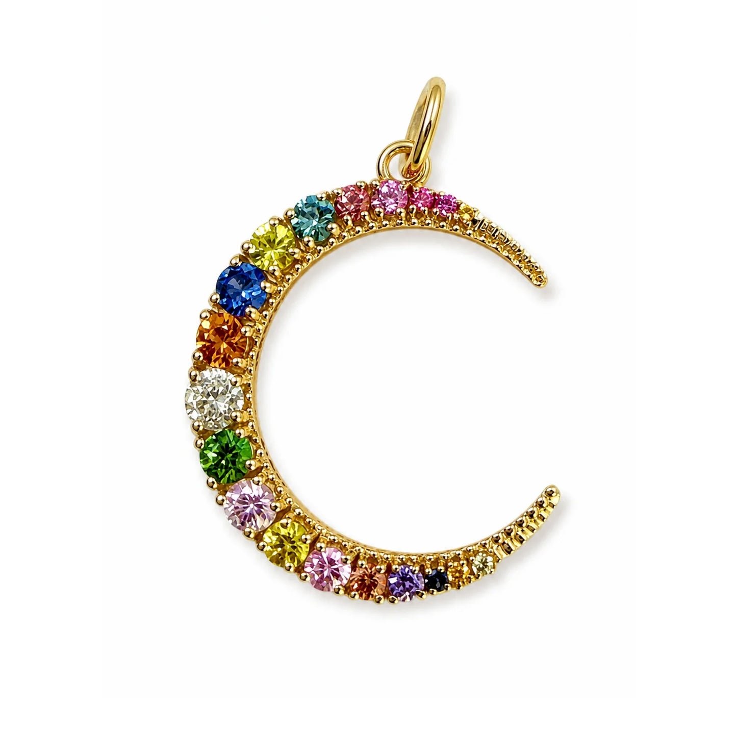 14KT YELLOW GOLD HALF MOON PENDANT WITH MULTI SAPPHIRE AND DIAMOND