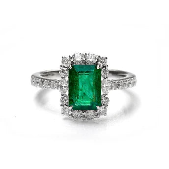18KT WHITE GOLD EMERALD AND DIAMONDS RING