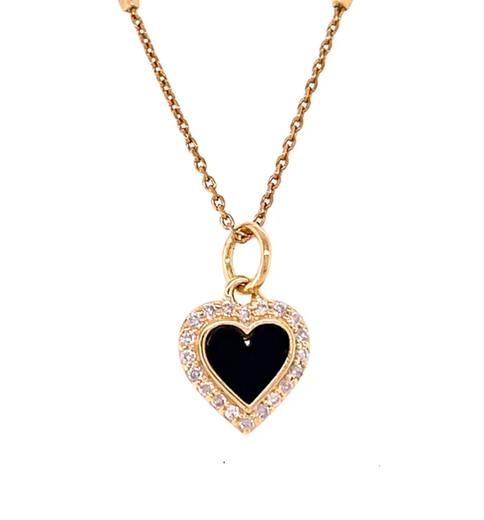 14KT YELLOW GOLD BLACK ONYX HEART PENDANT WITH DIAMONDS