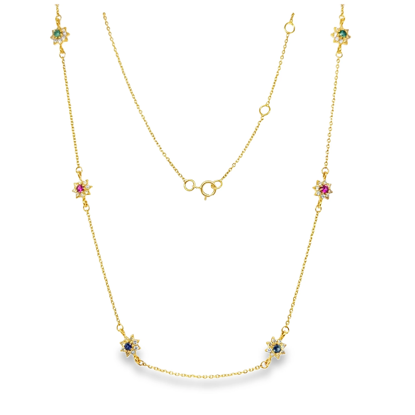 18KT YELLOW GOLD DIAMOND DANGLING NECKLACE WITH EMERALD RUBY AND BLUE SAPPHIRE