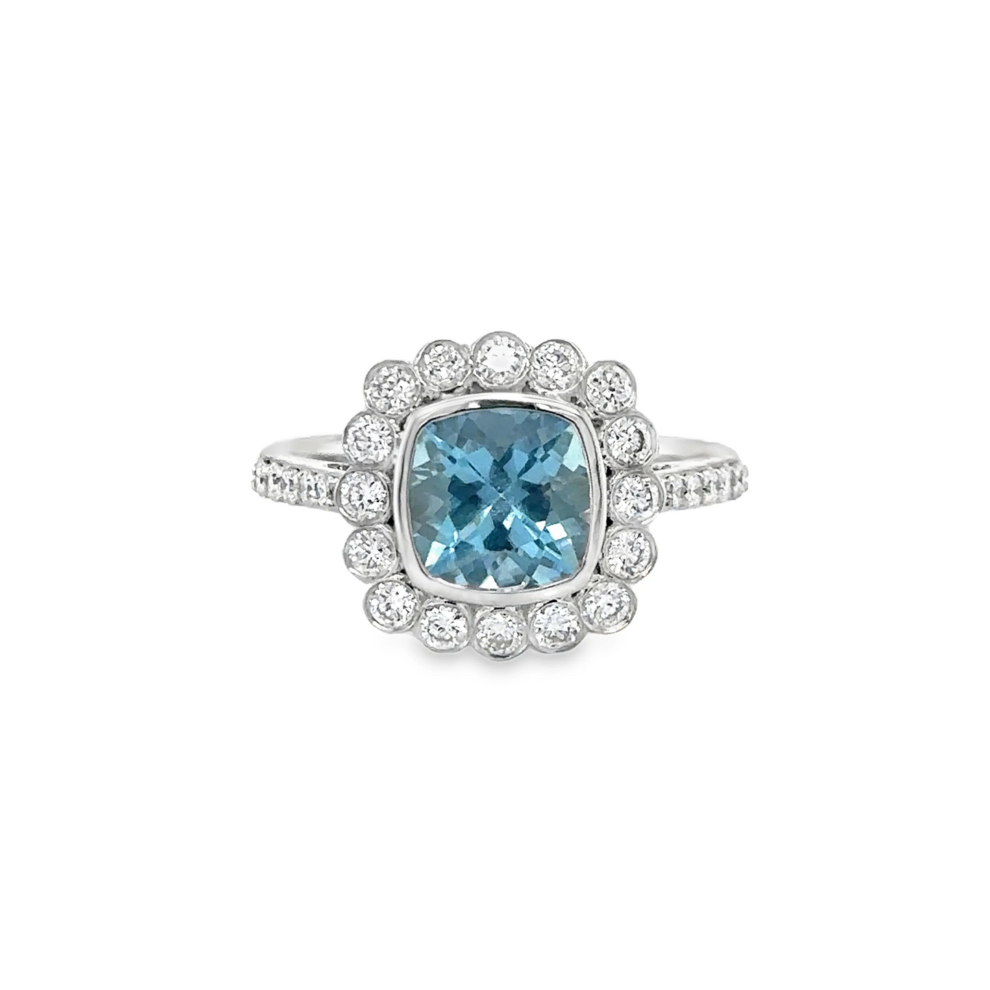 14KT WHITE GOLD AQUAMARINE AND DIAMONDS RING