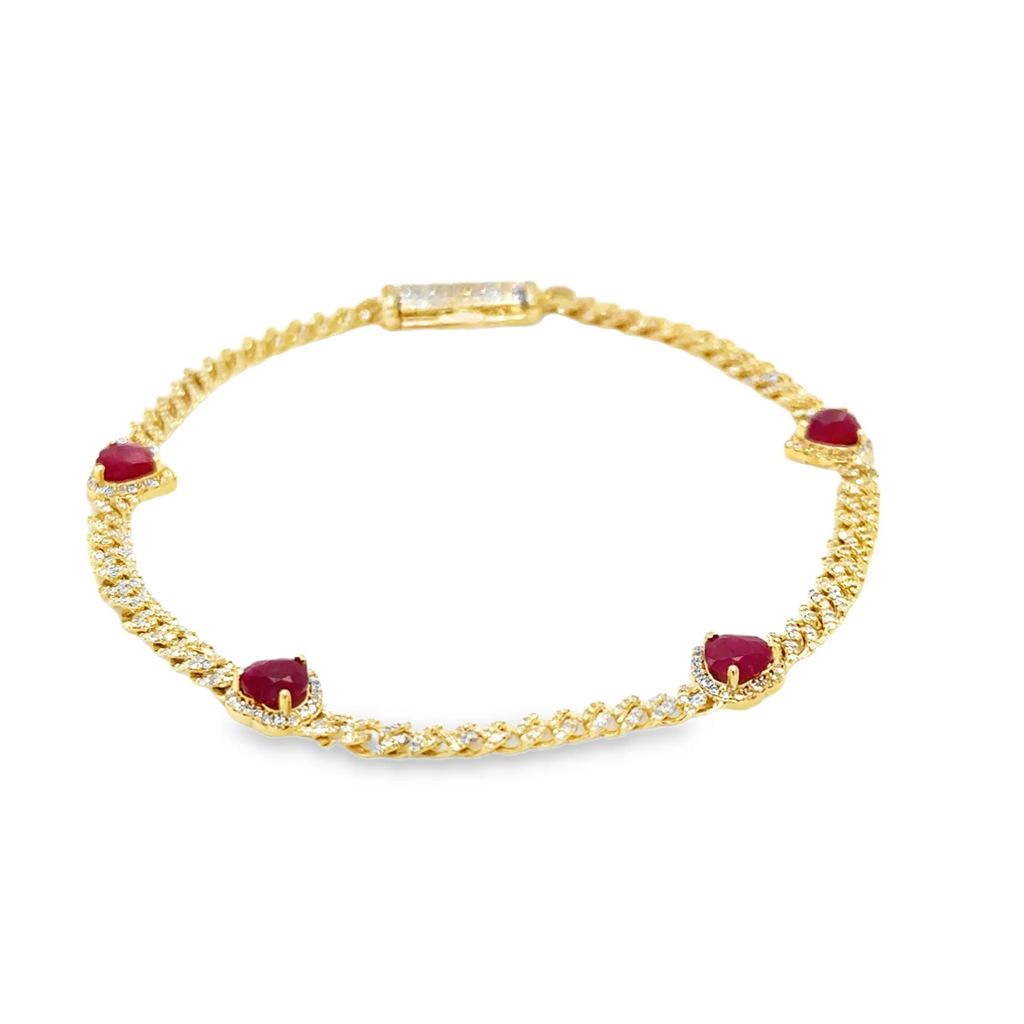 14KT GOLD RUBY AND DIAMONDS HEART CUBAN BRACELET