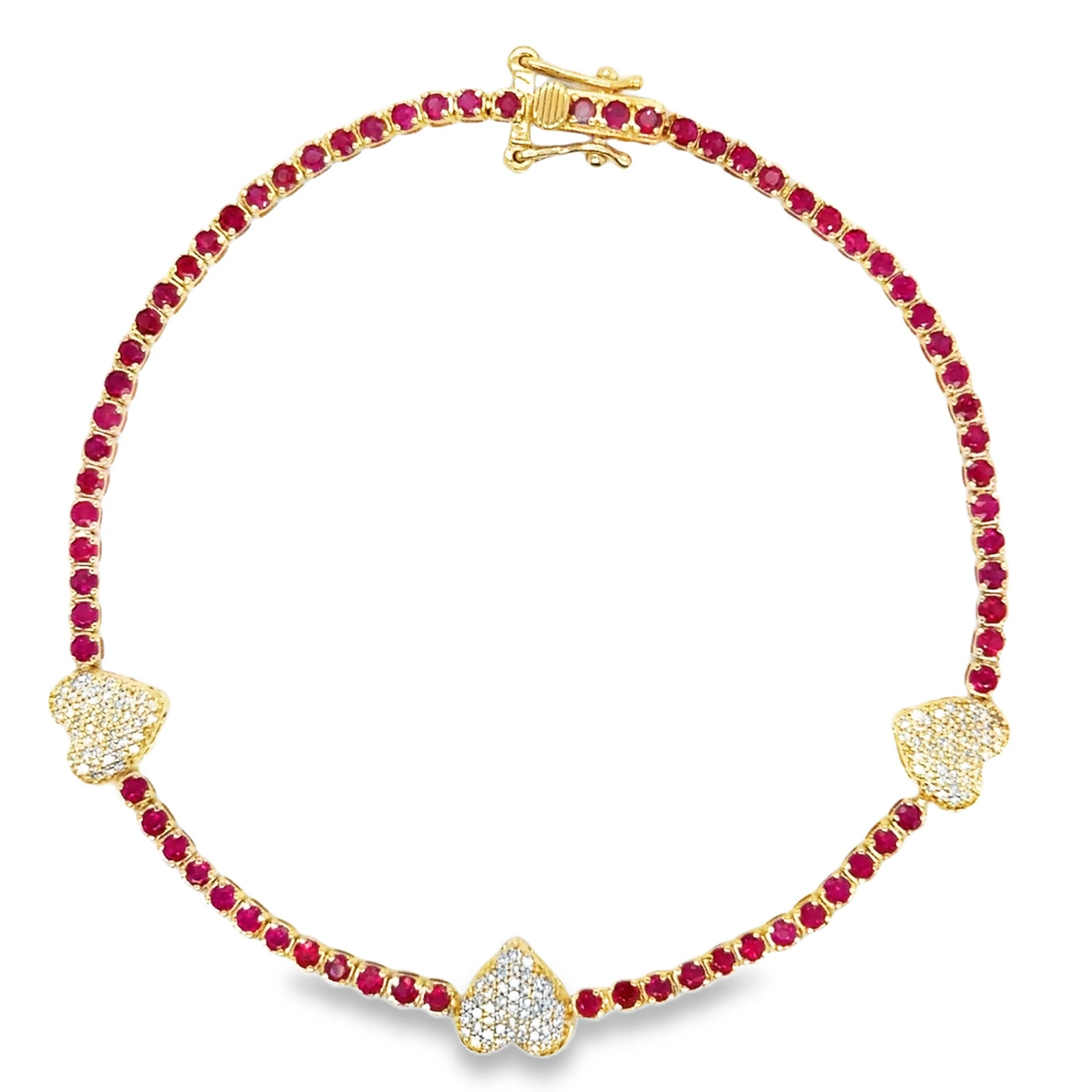 14KT GOLD RUBY AND DIAMONDS HEART TENNIS BRACELET