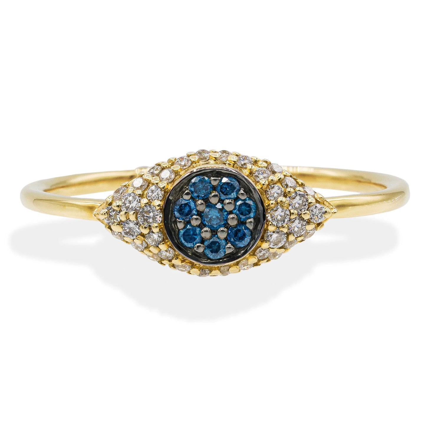 14KT YELLOW GOLD DIAMOND AND SAPPHIRE EVIL EYE RING