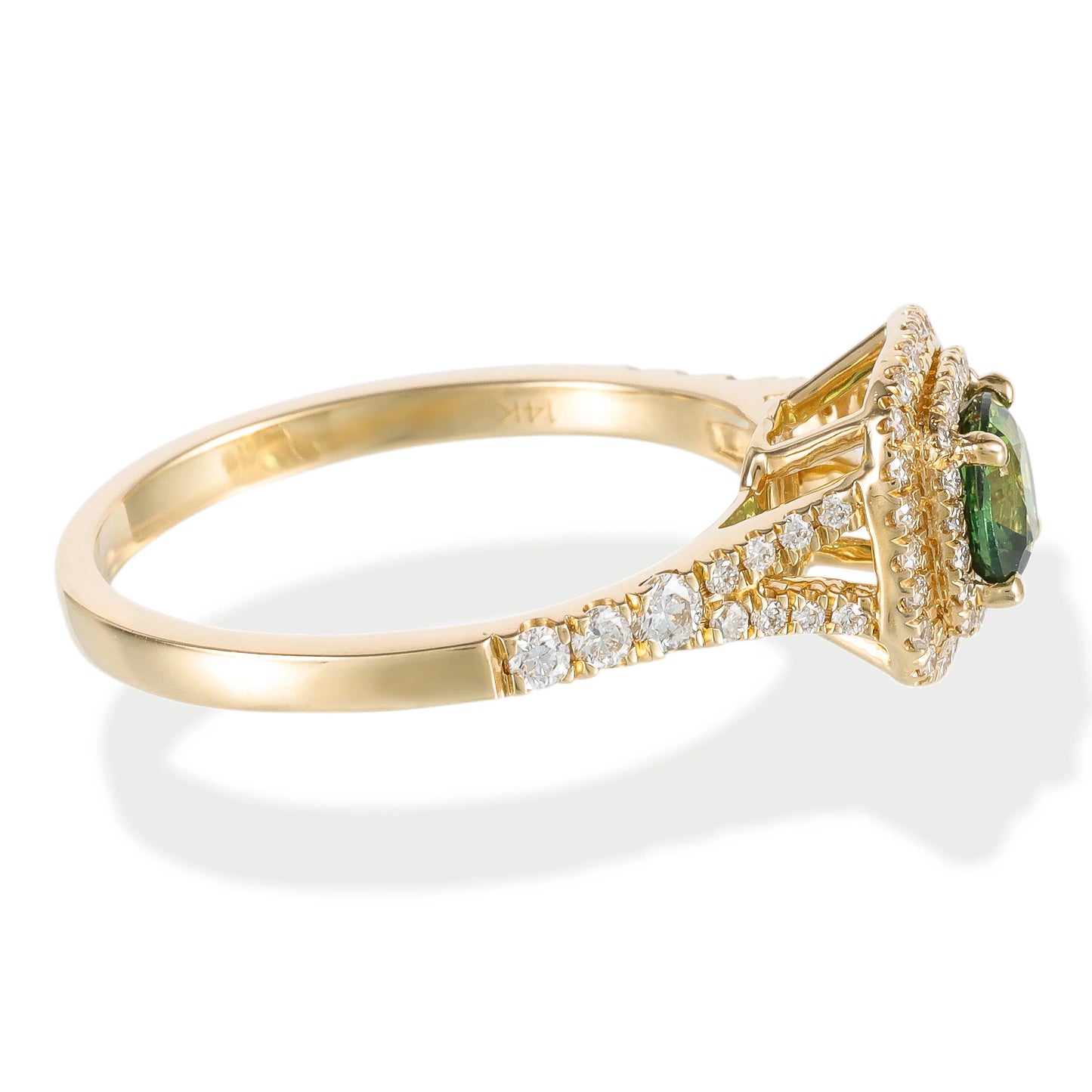 14KT YELLOW GOLD DIAMOND & GREEN SAPPHIRE CUSHION SHAPE RING