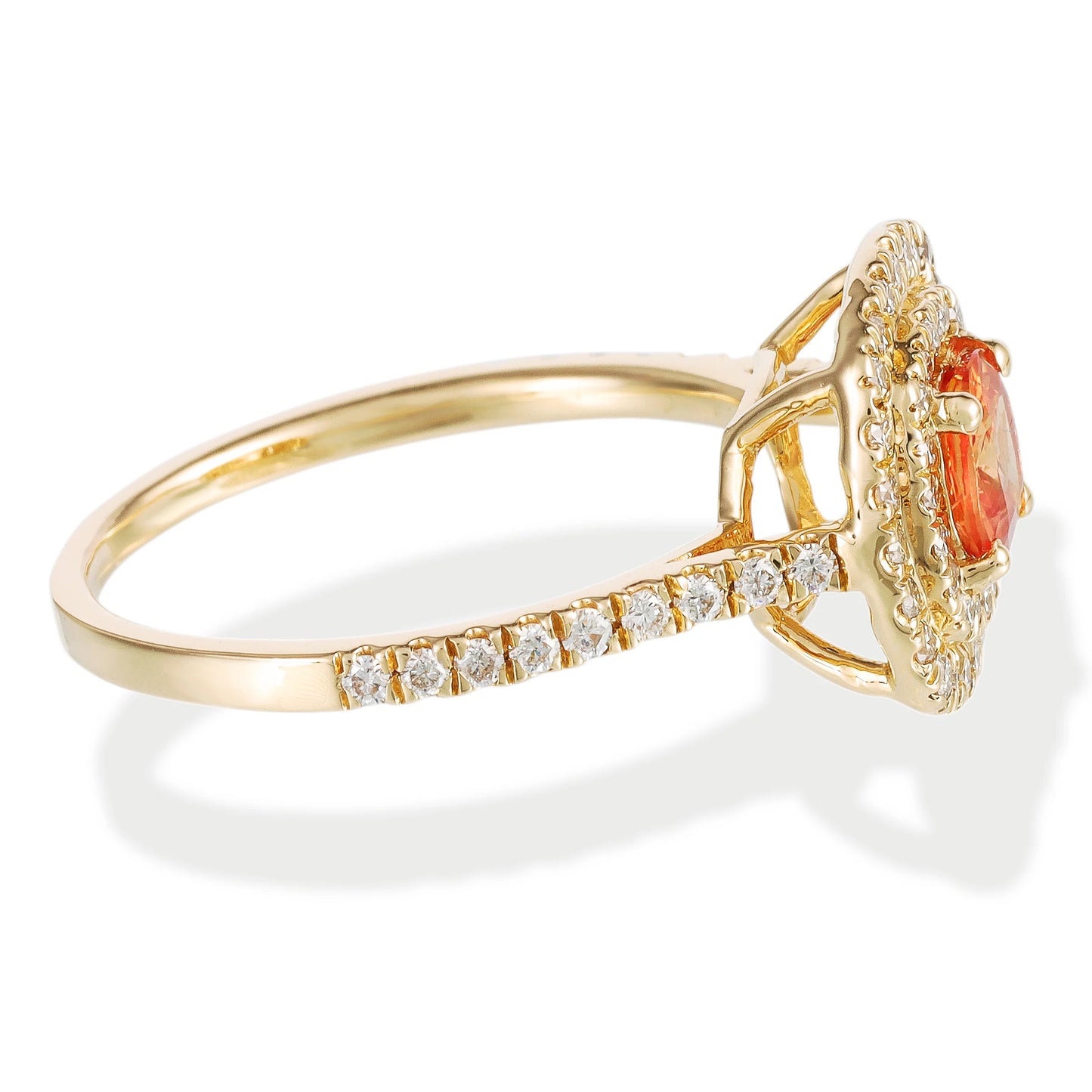 14KT YELLOW GOLD DIAMOND & ORANGE SAPPHIRE CUSHION SHAPE RING