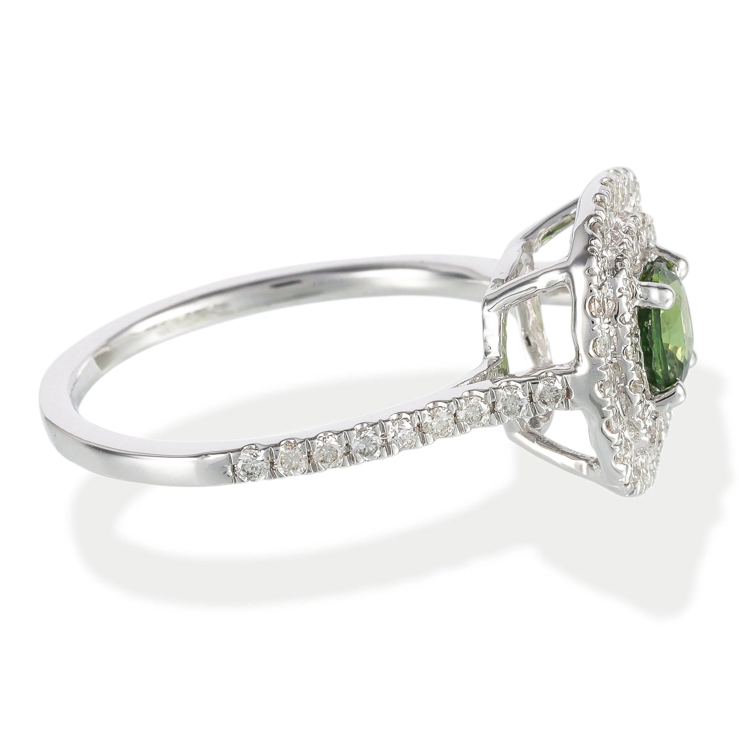 14KT WHITE GOLD DIAMOND & GREEN SAPPHIRE CUSHION SHAPE RING