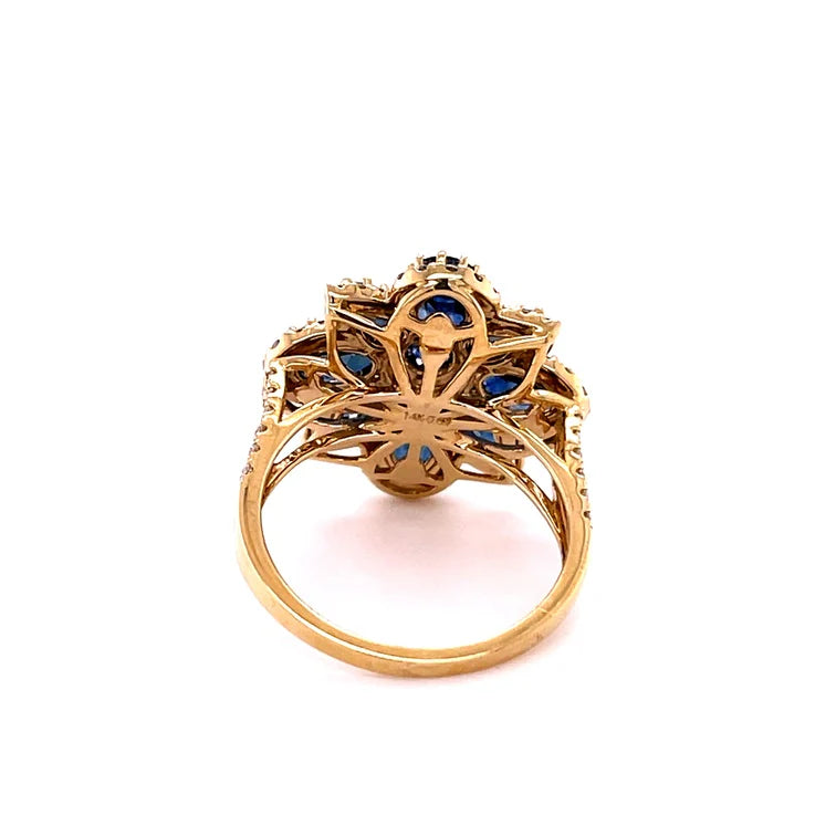 14KT YELLOW GOLD BLUE SAPPHIRE FLOWER WITH DIAMONDS RING