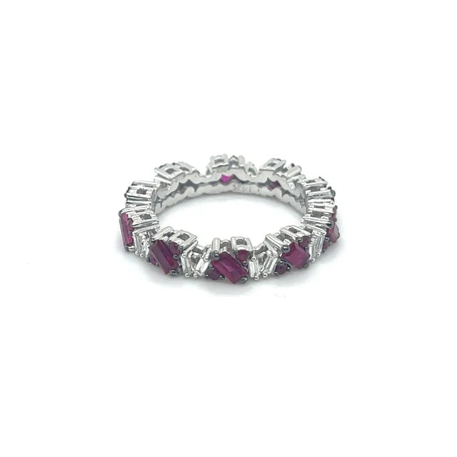 14K WHITE GOLD RUBY DIAMOND BAGUETTE RING