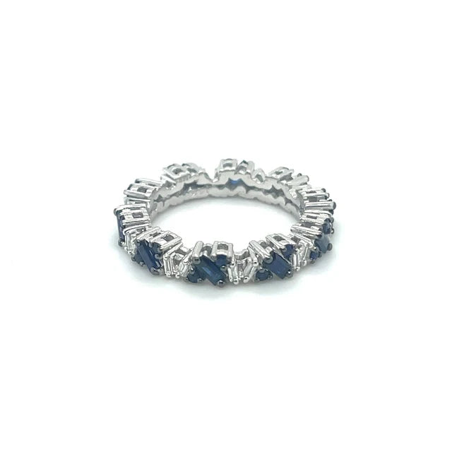 14K WHITE GOLD BLUE SAPPHIRE DIAMOND BAGUETTE RING