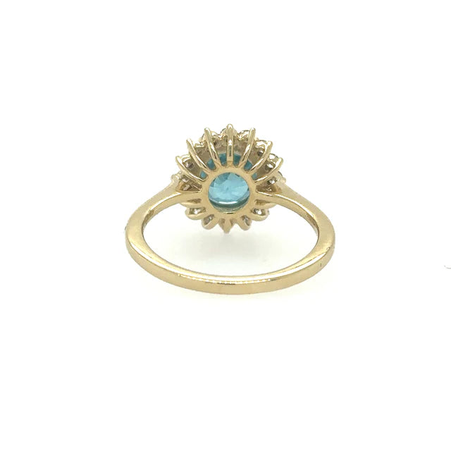 14KT YELLOW GOLD NATURAL BLUE ZIRCON RING WITH DIAMONDS