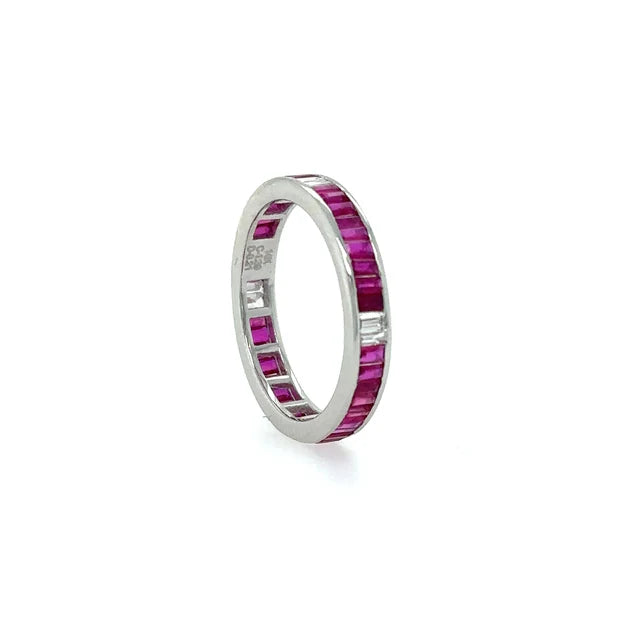 14KT WHITE GOLD RING WITH BAGUETTE RUBY AND DIAMONDS