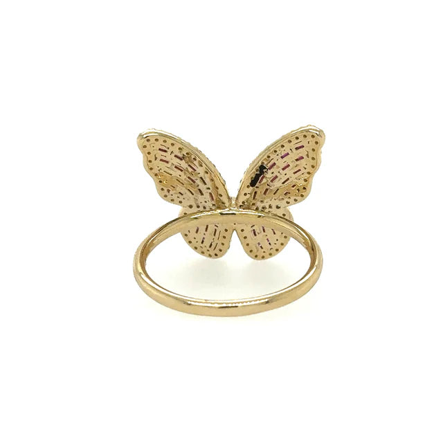 YELLOW GOLD BUTTERFLY RING WITH RUBY AND DIAMONDS