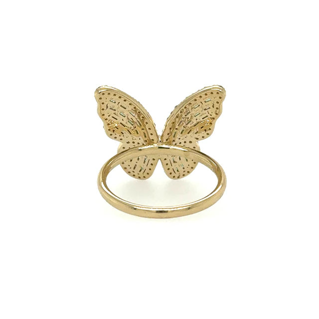 YELLOW GOLD BUTTERFLY RING WITH EMERALD AND DIAMONDS