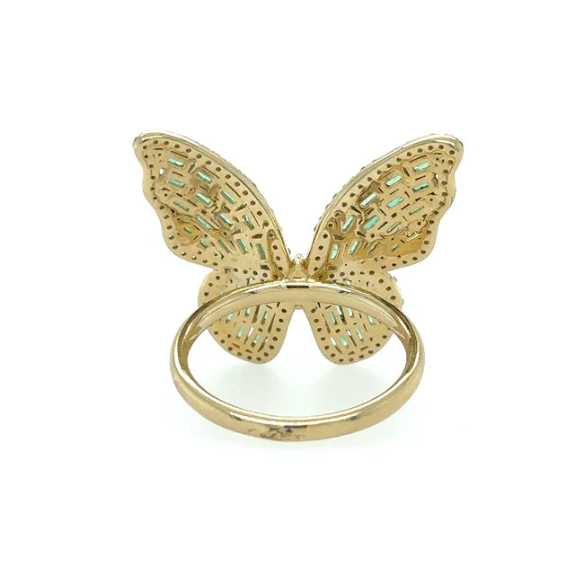 YELLOW GOLD BUTTERFLY RING WITH EMERALD AND DIAMONDS