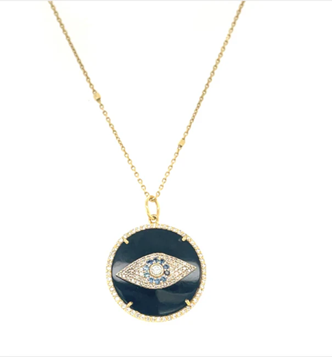 14KT YELLOW GOLD BLACK ONYX PENDANT AND SAPPHIRE EVIL EYE WITH DIAMONDS