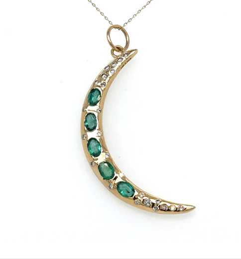 14KT HALF MOON PENDANT WITH EMERALD AND DIAMONDS