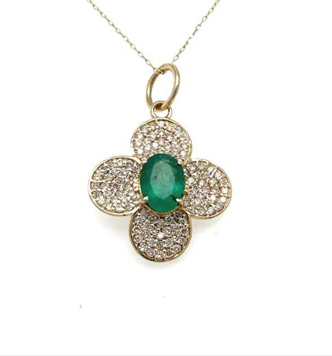 14KT FLOWER PENDANT WITH EMERALD AND DIAMONDS