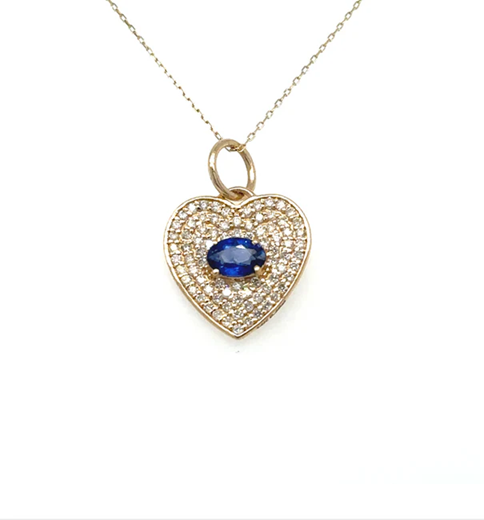 14KT YELLOW GOLD HEART PENDANT WITH SAPPHIRE AND DIAMONDS