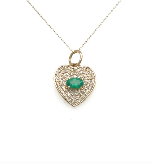 14KT YELLOW GOLD HEART PENDANT WITH EMERALD AND DIAMONDS