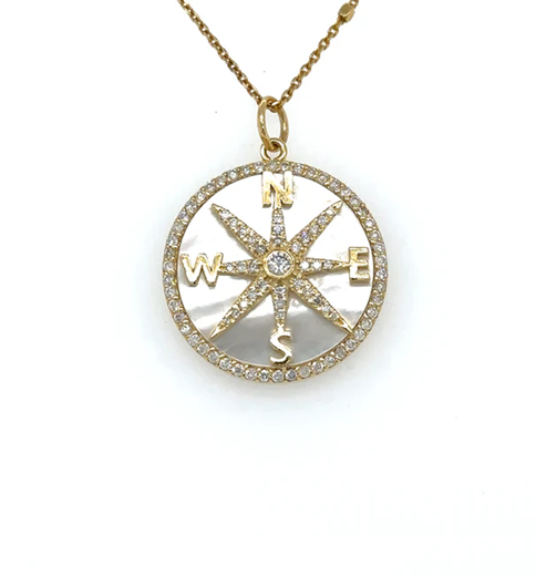 14KT YELLOW GOLD MOTHER OF PEARL COMPASS PENDANT WITH DIAMONDS