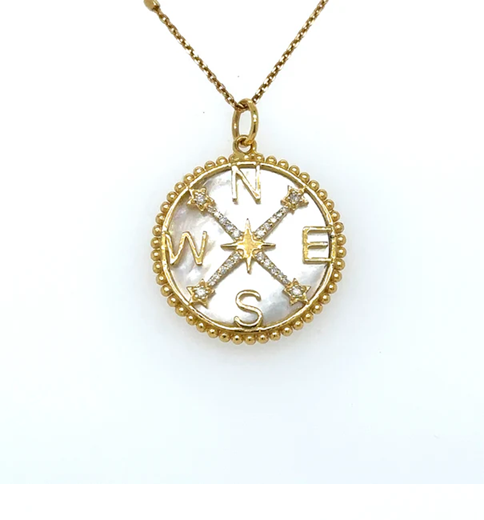 14KT YELLOW GOLD MOTHER OF PEARL COMPASS PENDANT WITH DIAMONDS